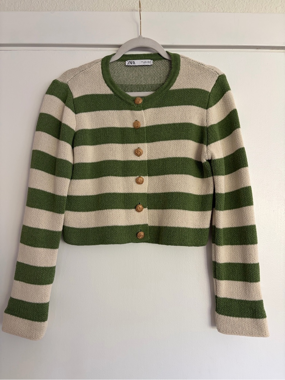 ZARA Green and Cream Striped Cropped Cardigan with Gold Buttons